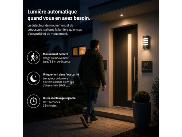 Homme s’approchant de nuit d’une entrée éclairée par l’applique murale à détecteur