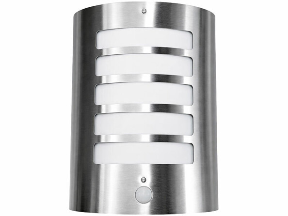 Applique extérieure Lunartec argent en inox, cinq fentes lumineuses horizontales et détecteur circulaire en bas