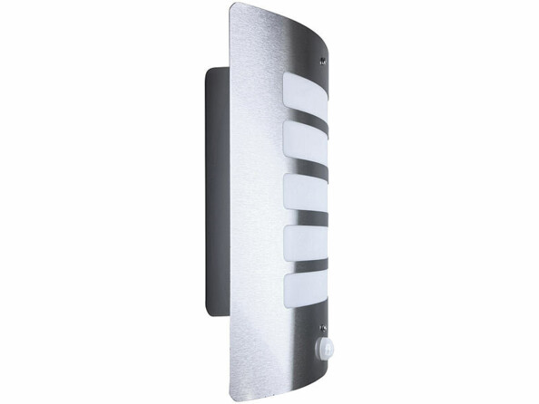 Applique extérieure inox avec cinq diffuseurs blancs horizontaux empilés et capteur rond blanc en bas à droite