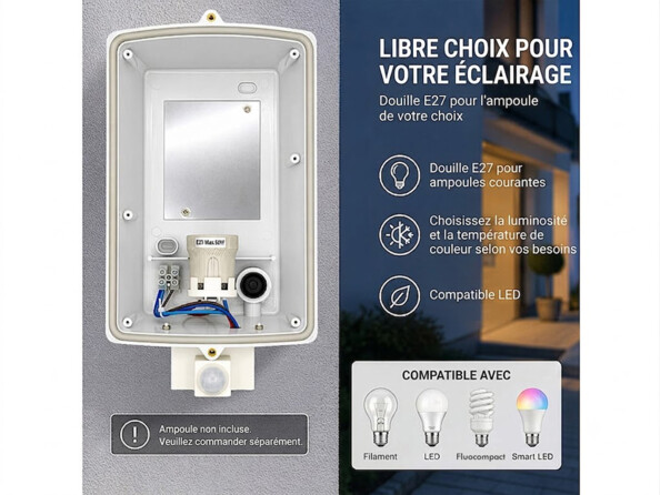 Applique Lunartec argent ouverte : douille E27, détecteur, câblages sur mur gris, et ampoules compatibles