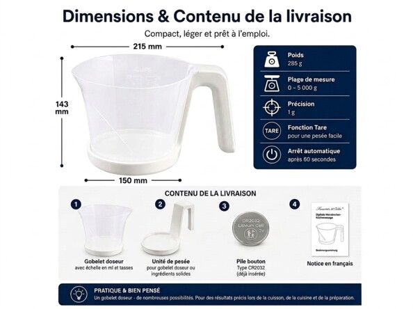 Contenu de la livraison de la balance avec pichet et pile