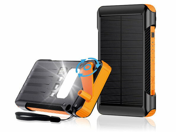 Batterie externe 10.000 mAh solaire & dynamo PB-825 vu de face et de dos avec LED allumée