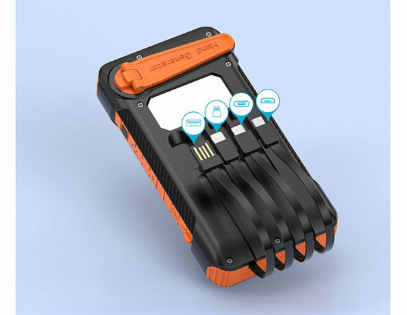 Batterie de secours 10.000 mAh solaire & dynamo PB-825 vue de dos avec pictogrammes connectiques