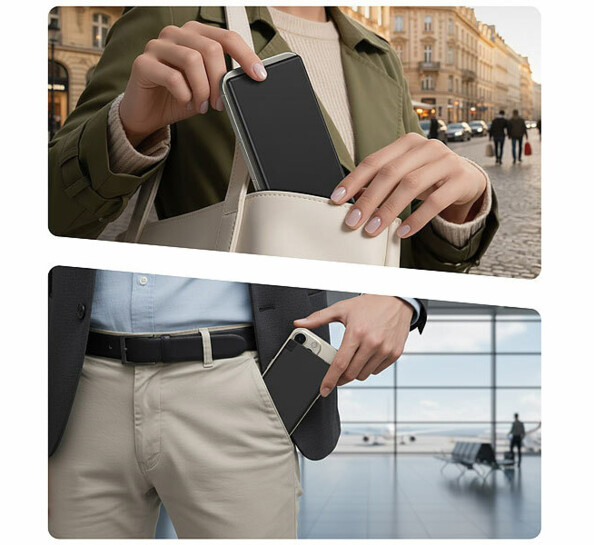 Batterie externe plate 5000 mAh PB-820 mise en situation glissée dans un sac ou une poche