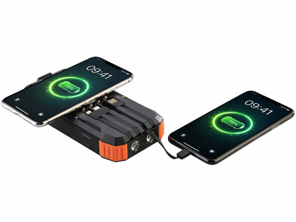 Batterie externe solaire et dynamo 20.000 mAh PB-830 avec câbles et charge induction Qi