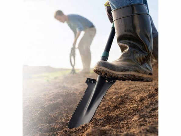 Bêche 115 cm avec scie double face mise en situation dans un jardin