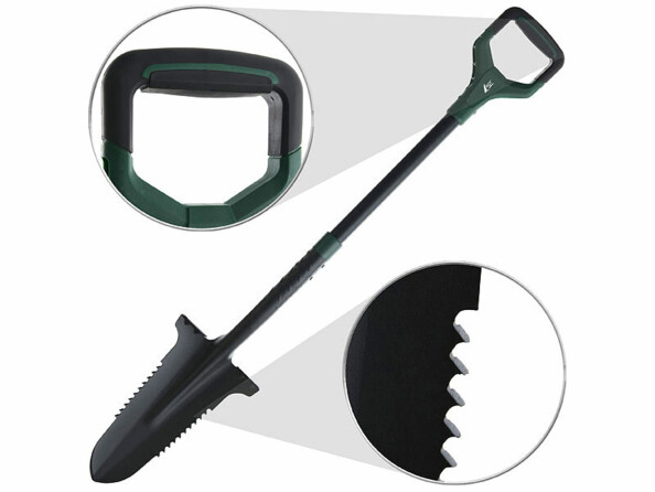 Bêche 115 cm scie double face avec vignettes zoomées sur manche et dents