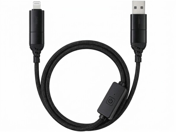 Connecteurs USB-A et Lightning du câble Callstel tressé avec interrupteur d’alimentation