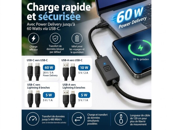Câble à interrupteur connecté à un ordinateur portable et un smartphone avec pictogrammes de sécurité