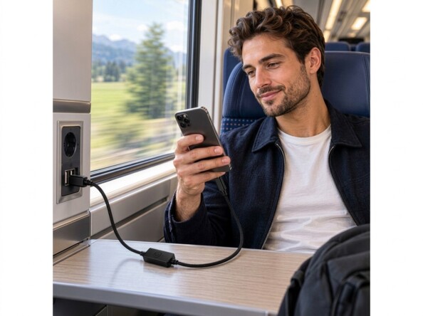 Voyageur chargeant son smartphone à bord d’un train par la prise USB face à la fenêtre