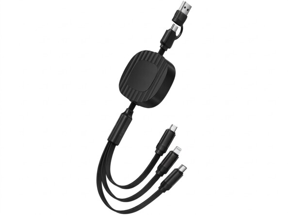 Câble rétractable Callstel au boîtier strié avec fiches USB-A USB-C Lightning et Micro-USB