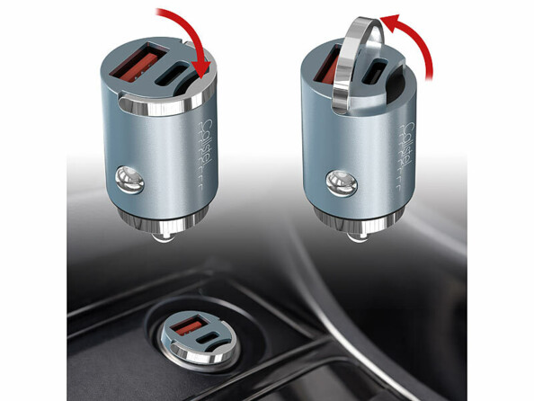 Chargeur allume-cigare USB-A / USB-C mis en situation dans voiture et poignée rétractable