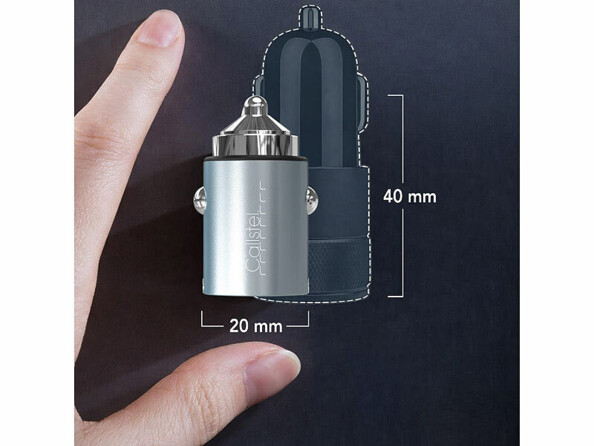 Chargeur allume-cigare USB-A / USB-C avec main et dimensions en mm