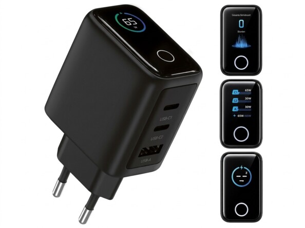 Chargeur secteur GaN USB-A / 2 x USB-C 65 W avec écran