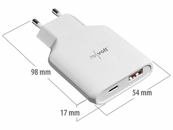 Chargeur secteur GaN USB-A / USB-C Power Delivery 65 W avec dimensions en mm 98 x 54 x 17