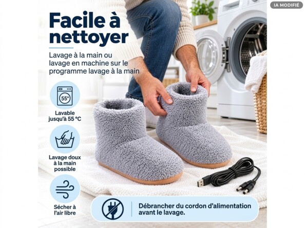 Chaussons portés avec un jean, l’un tenu par une main
