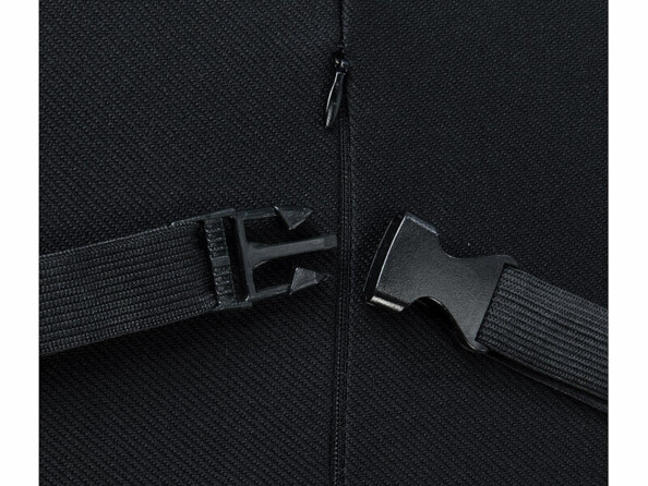 Gros plan sur la fermeture éclair et les boucles de sangle du coussin lombaire, housse en tissu noir tissé