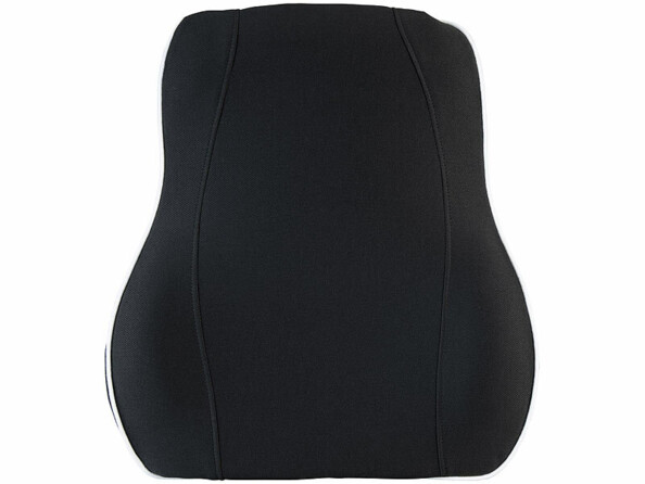 Coussin lombaire noir de face sur fond blanc, montrant la forme anatomique avec coutures verticales et panneaux latéraux respirants