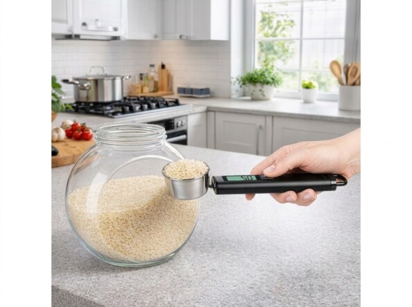 Cuillère-balance Rosenstein & Söhne en situation : main versant du riz blanc depuis la cuillère dans un bocal en verre sur un plan de travail de cuisine moderne