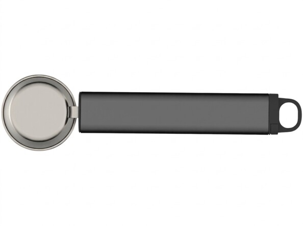 Portionneuse à glace Rosenstein & Söhne en acier inoxydable avec long manche noir mat et anneau de suspension, vue de dessus sur fond blanc