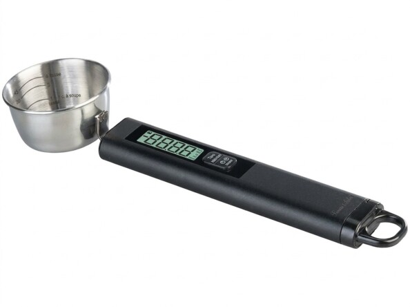 Cuillère-balance Rosenstein & Söhne vue de dessus avec bol inox et manche noir mat avec écran LCD et boutons