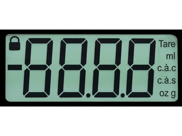 Écran LCD de la cuillère-balance Rosenstein & Söhne affichant 8888 avec icône cadenas, Tare et unités ml, c.à.c, c.à.s, oz, g