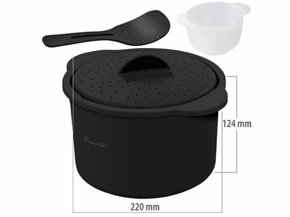 Cuiseur à riz 2,5 L pour micro-ondes avec spatule et dimensions en mm