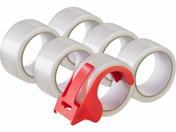 Dévidoir de ruban adhésif compact avec 6 rouleaux transparents