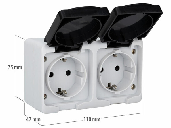 Double prise électrique étanche en saillie avec dimensions en mm