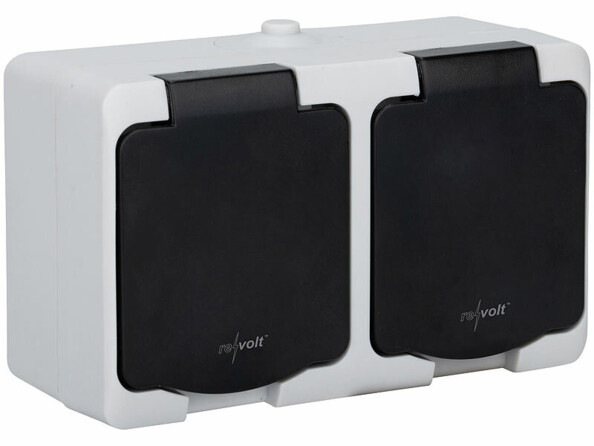 Double prise électrique étanche en saillie vue de 3/4 face avec clapets fermés