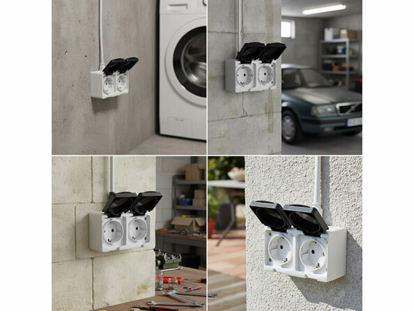 Double prise électrique étanche en saillie mise en situation dans 4 environnements