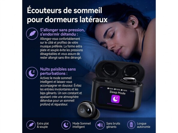 Femme dormant sur le côté avec un écouteur à l’oreille et boîtier Sleep Mode sur fond étoilé