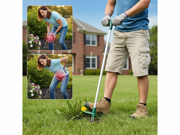 arracheur de mauvaises herbes 1 m en acier mis en situation dans un jardin