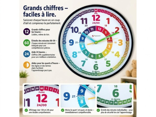 Horloge murale analogique éducative Ø 30 cm pour enfant
