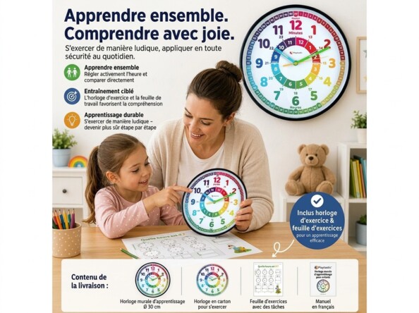 Horloge murale analogique éducative Ø 30 cm pour enfant