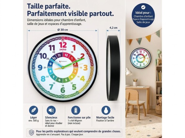 Horloge murale analogique éducative Ø 30 cm pour enfant