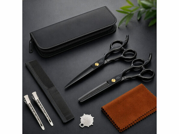 Vue de dessus d’une trousse de coiffure noire avec ciseaux, peigne, pinces, clé et chiffon