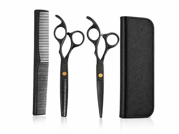 Kit de coiffure professionnel avec peigne, ciseaux effileurs, ciseaux coupe et étui noir