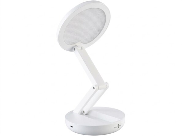 Lampe Lunartec dépliée à socle circulaire diffuseur ovale et logo sur le côté