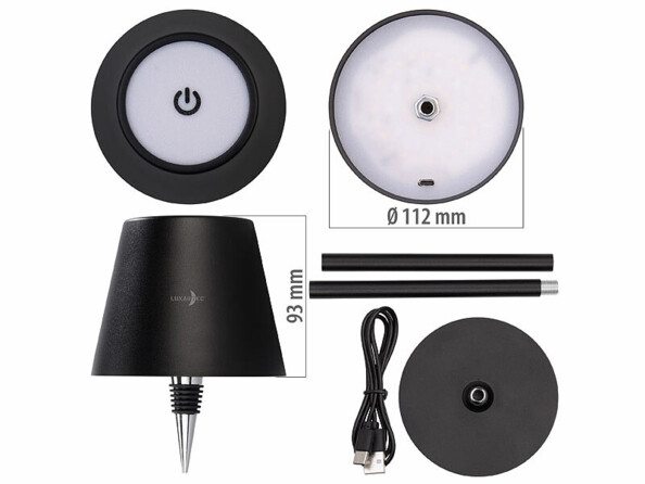 Lampe de table rechargeable avec LED RVBB démontée avec dimensions en mm