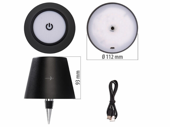 Lampe pour bouteille rechargeable avec LED RVBB et dimensions en mm