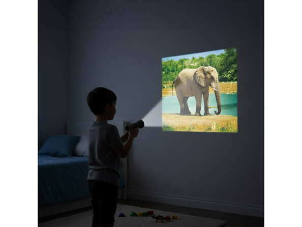 enfant projetant un éléphant sur un mur avec Lampe torche projecteur