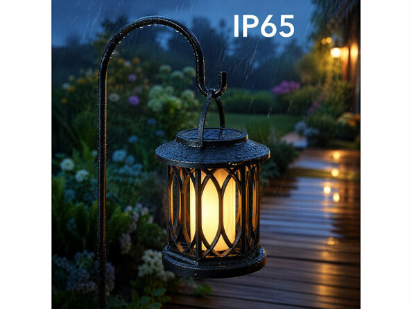 Lanterne de jardin solaire avec LED effet flamme en situation dans un jardin sous la pluie