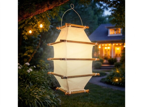 Lanterne de jardin solaire en bois et tissu