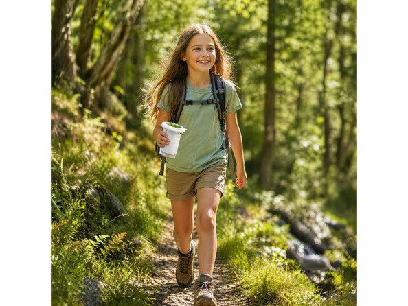 Microscope numérique grossissement 1000x tenu en main par une enfant dans la foret