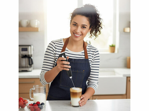 Mousseur à lait mise en situation avec une femme et cappuccino