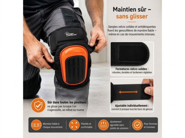 Mains ajustant la sangle velcro de la genouillère Newgen Medicals avec trois médaillons