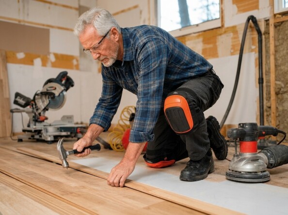 Homme agenouillé installant un parquet avec genouillères, marteau et ponceuse orbitale