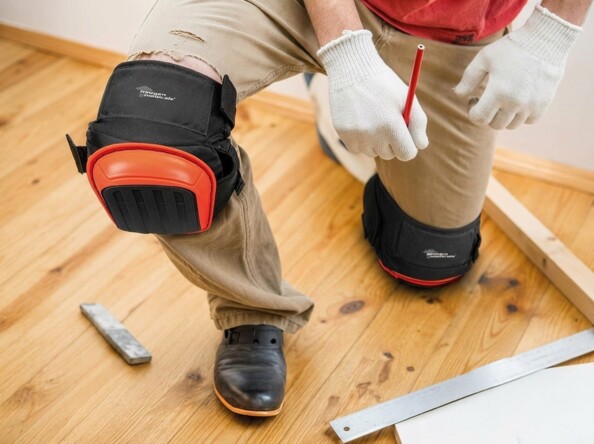 Jambes équipées de genouillères et de gants blancs près d’un mètre et d’une équerre au sol