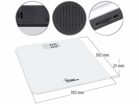 Pèse-personne jusqu'à 250 kg parlant avec dimensions ne mm et vignettes détails zoomés